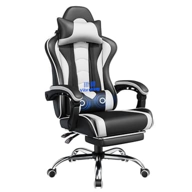 Yaheetech Sedia da Gaming Ergonomica Massaggiante con Poggiapiedi Reclinabile Imbottiti in Finta Pelle, Poltrona Gamer da Scrivania con Poggiatesta e Supporto Lombare Ruote Girevole Bianco