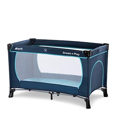 hauck Lettino da Viaggio Dream N Play Plus, per Bebè e Bambini dalla Nascita fino a 15 kg, 60 x 120 cm, Uscita Laterale, Pieghevole Compatto, Borsa di Trasporto, Navy/Aqua, 1 Unità (Confezione da 1)