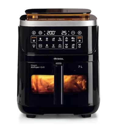 Ariete 4636 Friggitrice ad aria con funzione vapore+ Grill, 1700W, Funzione essiccazione, 10 funzioni di cottura, Cestello trasparente, Timer, Luce interna, Nero