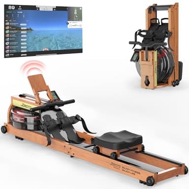 JOROTO Vogatore ad Acqua per casa, Vogatore Pieghevole in Legno di Quercia Capacità di Peso di 150kg con Monitor Bluetooth, Supporto per Tablet Regolabile