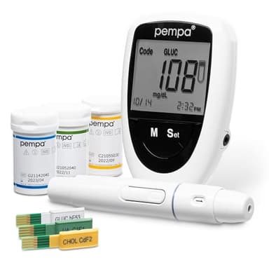 PEMPA 3in1 Monitor della glicemia e Kit per il test del colesterolo a casa e Kit per il test dell'acido urico | Kit per il test del diabete - Kit di glucometri multifunzione con strisce e lancette