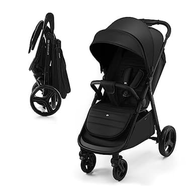 Kinderkraft RINE Passeggino leggero fino 22 kg, Chiusura con una mano, Capotta impermeabile con filtro UPF50+, Barra di sicurezza girevole, Portabicchiere, Nero