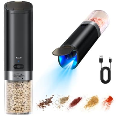Sangcon USB Ricaricabile Set Macina sale e pepe Elettrico a Gravità, con Copertura Antipolvere, Grande capacità con luce LED blu,Funzionamento automatico con una sola mano, Facile da riempire (1 Set)