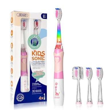 Seago Spazzolino Elettrico Bambini 3-12 Anni Spazzolino Bambini Spazzolini Elettrici Con 4 Testine Spazzolino Elettrico Luce LED Colorata e Osservante 4 Modalità Timer Intelligente SG-977, Rosa