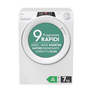 Candy RapidÓ Lavatrice Slim 7 Kg, Libera Installazione, Carica Frontale, Classe A, 1200 Giri, 9 Programmi Rapidi, Funzione Vapore, Wi-Fi + BLE e App hOn, 60 x 45 x 85 cm, Bianca - RO4 1274DWMST/1-S