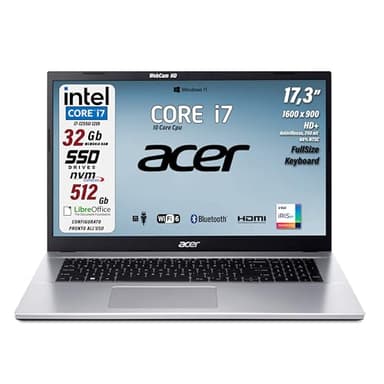 acer Notebook, Display 17,3", HD+ 1600x900, antiriflesso, CPU Intel Core i7-1255U 10Core, Ram 32 Gb, SSD 512 Gb PCIe NVMe, Wi-Fi 6, WebCam HD, Win 11, Garanzia Italia - Pronto all'Uso