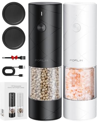 FORLIM Set macina sale e pepe elettrico ricaricabile tramite USB, macinapepe elettrico con LED, con macina in ceramica regolabile, macinino spezie, 7 livelli di spessore regolabili (nero + bianco)