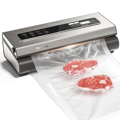 Macchina Sottovuoto Mesliese Potente 90Kpa Precisione 6 in 1 Sistema di Conservazione degli Alimenti Sottovuoto, 2 Rotoli di Sacchetti e 5 Sacchetti Pretagliati, Modalità a Secco e Umido (Argento)