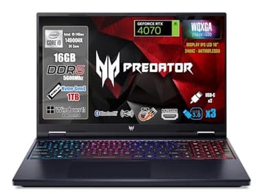 acer Notebook Gaming Predator Helios Neo 16, Processore Intel Core i9-14900HX, RAM 16 GB DDR5, SSD 1TB PCI,Display 16" WQXGA IPS 240Hz, NVIDIA GeForce RTX 4070 8GB GDDR6, Sistema Operativo Windows 11