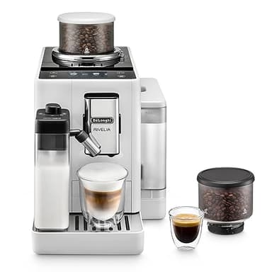 De'Longhi Rivelia Perfetto EXAM440.55.W Macchina da Caffè Automatica, Chicchi Macinati al Momento, Portachicchi Intercambiabile, Caraffa Montalatte Automatica, Display Touch a Colori, 1450W, Bianca