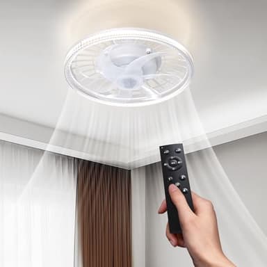 Biukis Ventilatore da soffitto a piedistallo per camera da letto: 3 colori di luci Ventilatore a vite regolabile e telecomando per cucina soggiorno garage Ventilador Techo