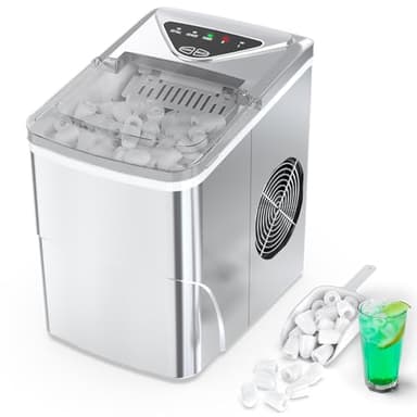 Macchina Ghiaccio Mini Portatile, 15kg/24h, Piano di Lavoro Compatto per Macchina Cubetti Ghiaccio, Macchina per Ghiaccio Rapida in 6 Minuti, Macchina per Ghiaccio Autopulente per la Casa,Argento