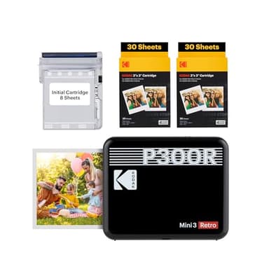 KODAK Mini 3 Retro 4PASS Stampante Fotografica Portatile (7,6x7,6cm) + Pacchetto con 68 Fogli, Nero