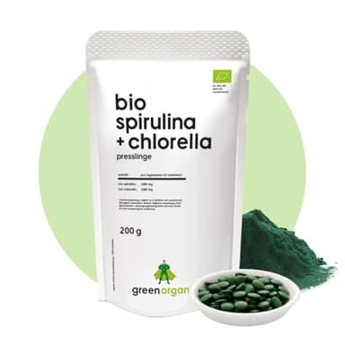 Spirulina biologica + clorella – 400 compresse 200 g – 500 mg per compressa – Plantensis e Vulgaris alghe – dosaggio elevato – pressa – coltivazione biologica controllata (200 g, Spirulina + clorella)