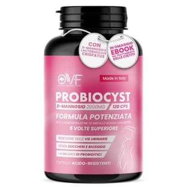 OVF Probiocyst 120 Capsule - D Mannosio Puro 2000 mg Integratore per la Cistite, Candida Donna e Vie Urinarie - Integratori Cistite con D-mannosio, Mirtillo, Acido Ialuronico, Inulina e Probiotici