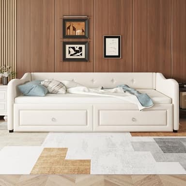 Idemon Letto giornaliero, 90 x 200 cm, letto con letto estraibile, divano letto con due cassetti, letto singolo (senza materasso), stile minimalista (beige)