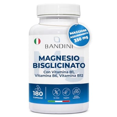Bandini® Magnesio Bisglicinato 180 Capsule (2 mesi), 350 mg di Glicinato, Chelato per dose arricchito di Vitamina B1, B6, B12 Anti stress e fatica, Integratore per Sistema Nervoso, 100% Vegan