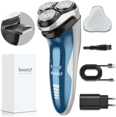SweetLF (2025 Nuovo) Rasoio Elettrico Uomo,Regolabarba con Testine Rotanti 4D, Rasoio Ricaricabile Wet & Dry con Display LED, Rasatura Impermeabile IPX7 Blu Navy