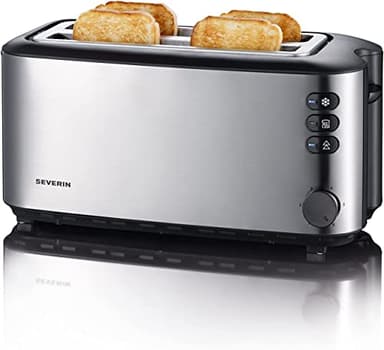 SEVERIN AT 2509 Tostapane 4 fette Maxi 1400W con griglia, tasto scongelamento e regolazione doratura, Tostafette 4 fette, Tostapane in acciaio inossidabile, Nero/argento opaco