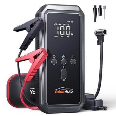 Avviatore Emergenza per Auto con Compressore 150PSI 5000A 21800mAh, YaberAuto Booster Avviamento Auto/Moto per 9.0L Gas/8.0L Diesel, 12V Starter Batteria con Ricarica Rapida 18W,Uscita DC 160W,Torcia