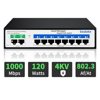 Goalake Gigabit Switch Poe a 8 Porte, Switch Ethernet Gestito Cloud, Switch PoE+ a 10 Porte da 120W, 802.3af/at, APP Easy Smart Managed, Cloud Detection, Vlan, Riavvio cloud, Cloud Ultra-remoto