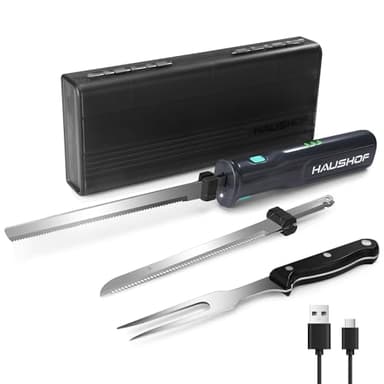 HAUSHOF Coltello Elettrico a Batteria con Coltello da Pane 18cm, Coltello da Bistecca 20cm e Forchetta, Coltello da Cucina Batteria 2000mAh, Ideale per Affettare Cotolette, Pane, Formaggio - Nero