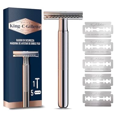 King C. Gillette Rasoio di Sicurezza, 1 Manico, 5 Lamette da Barba, in Acciaio Inossidabile, Lametta rivestita di Platino Idea Regalo Uomo per Cura della Barba