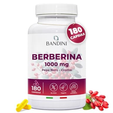 Bandini® Berberina 1000mg pura alto dosaggio | 180 capsule vegane - Berberin hcl da Berberis Aristata al 97% + Cromo e Pepe Nero | Massimo assorbimento - Funzione digestiva, epatica, intestinale