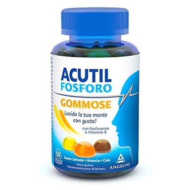 Acutil Fosforo Gommose, Integratore Multivitaminico Alimentare con Fosfoserina e Vitamina B6. Gusto Limone, Arancia, Cola, 50 Caramelle