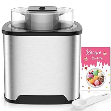 Gelatiera 2L Macchina per Gelato in Acciaio Inox, Macchina del Gelato con Bocca sul Grande Coperchio Visibile, Macchina Gelato con Paletta Gelato Speciale e Ricettario