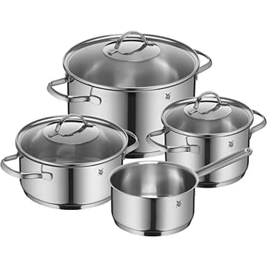 WMF Provence Plus Set di pentole, 4 pezzi, 1 per arrosto, 2 per carne, 1 casseruola, coperchio in vetro, acciaio inossidabile lucidato Cromargan, anche per piani a induzione,lavabili in lavastoviglie