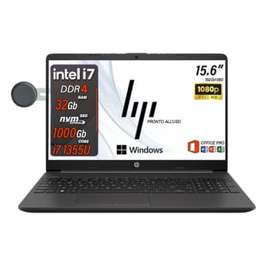 HP 250 G10, Notebook i7, Pc portatile intel core 1355U, Ram 32 Gb, SSD 1 Tb, Display 15.6" FHD, Windows 11 Pro, Office Pro, Laptop i7 pronto all'uso (Omaggio Custodia Notebook/Supporto smartphone)