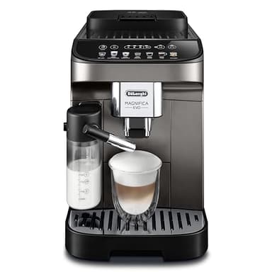 De'Longhi Magnifica Evo ECAM290.81.TB, Macchina da Caffè Automatica con Montalatte Automatico, Macchina Bean-to-Cup dalle Dimensioni Compatte, 7 Ricette, Display Colorato Soft Touch, Titanio/Nero