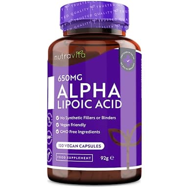 Nutravita Acido Alfa Lipoico 650 mg – 120 Capsule ad Alto Dosaggio - Adatte a un’alimentazione Vegana – Naturali al 100% Senza Leganti o Riempitivi Sintetici – Fornitura da 4 Mesi