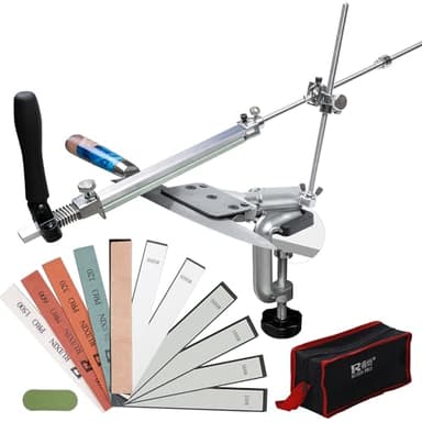 CWOVRS Affilacoltelli Professionale, RUIXIN RX-008 Set affilatrice Coltelli, Angolo Fisso Rotazione a 360°, Cursore e Morsetto Precisi, Sistema di Affilatura Coltelli da Cucina, Kit 10 Pietre
