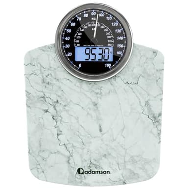 Adamson Bilancia Pesapersone Ibrida + Digitale & Analogica 2-in-1 - Fino a 180 kg - Ampio Display con Retroilluminazione + Robusto Vetro Temperato + Lettura Facile + NUOVO + Marmo Bianco