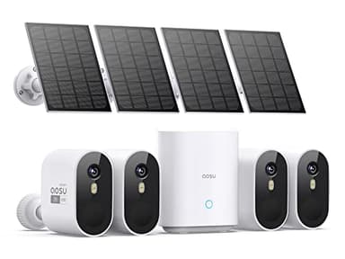 AOSU 2K Telecamera Wifi con Pannello Solare, 4 Kit Telecamera Wi-Fi Esterno Senza Fili, Videocamera con 166° Ultra-Wide View, Permanent Power, Focus Camera, 32G Local Storage, Nessun Canone Mensile