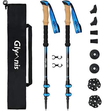 Glymnis Bastoni Trekking Bastoncini da Trekking 3 Sezioni Lunghezza Regolabile 65-135cm in Alluminio 7075 con Sistema di Blocco Rapido e Impugnatura in Sughero per Escursioni Blu