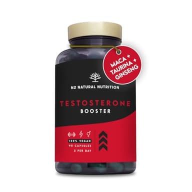 Testosterone Uomo. Maca, Taurina, Fieno Greco, Ginseng, Zinco e B6. Migliora le Prestazioni Fisiche e il Desiderio. Energizzante Muscolare. 90 Capsule Vegetali. VEGANO, CE. N2 Natural Nutrition