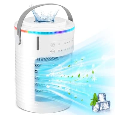 Condizionatore Portatile, Potente Unità di Enfriador de Aire,Raffreddatore d'Aria, 3 Velocità e 2 Modalità di Nebbia, 2-8H Timer e 7 LED Condizionatore Portatile Senza Tubo per Camere, Auto,Camper