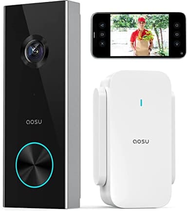 AOSU videocitofono senza fili da esterno HD 2K videocitofono wifi alimentato a batteria, 0 costi mensili, Rilevamento umano AI, funzionante con Alexa, 2.4 GHz WLAN, audio bidirezionale