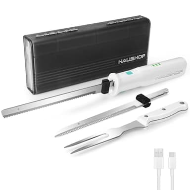 HAUSHOF Coltello Elettrico a Batteria con Coltello da Pane 18cm, Coltello da Bistecca 20cm e Forchetta, Coltello da Cucina Batteria 2000mAh, Ideale per Affettare Cotolette, Pane, Formaggio - Bianco