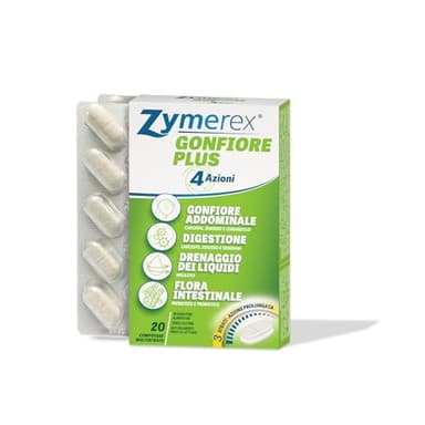 Zymerex GONFIORE PLUS 4 Azioni 20 Compresse | Integratore alimentare | Probiotici e prebiotici | Gonfiore addominale | Equilibrio flora intestinale | Senza glutine e lattosio