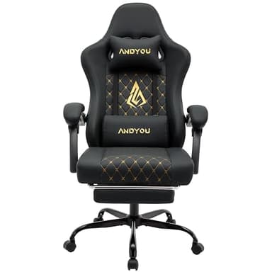 Andyou Sedia Gaming con Massaggio, Sedia da Ufficio Ergonomica, Sedie da Corsa Per PC, Pelle PU, Ampia Sedie Operativa Girevole Regolabile con Poggiapiedi, Carico 150 kg, Nero