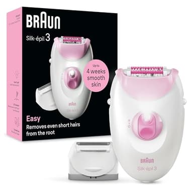 Braun Silk-épil 3 Epilatore Elettrico Donna Con Cavo Per Epilazione, Pelle Liscia Per Settimane, Con Testina Per Rasoio Donna e Cappuccio Rifinitore, 3-031, Rosa