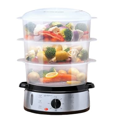 alpina Vaporeira Elettrica - Pentola a Vapore 800W - Steamer Vapore 3 Strati - Vaporiere Elettriche Senza BPA - Lavabile in Lavastoviglie - Da 0 a 60 Minuti - Capacità 9L - Grigio