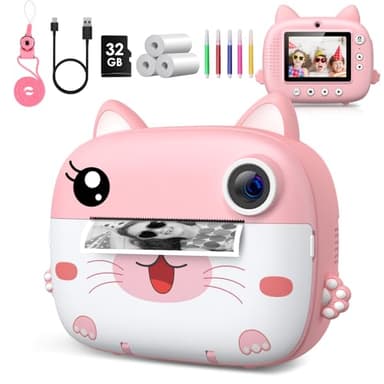 Macchina Fotografica Bambini Istantanea, GREENKINDER 2.4 Pollici/1080P HD Fotocamera Istantanea Bambini Digitale con 32GB Scheda & 5 Penne Colorat, Carta da Stampa, Regalo per Bambini dai 3-12 Anni