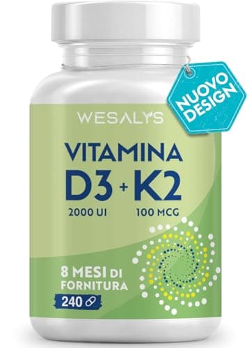 Vitamina D3 K2 240 Capsule (8 Mesi), Vitamin D3 2000 UI + 100 µg Vitamina K, Supporta Ossa, Articolazioni e Sistema Immunitario, Vit D3 Menachinone