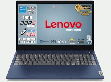 Lenovo Notebook, pc portatile i5 13420H 13th, DDR5 16Gb, Display IPS FHD 15,6", SSD 512Gb, Wi-Fi, Bt, USB 3.2, Tastiera retroilluminata, fingeprint integrato, Win11 Pro, Blue Abyss