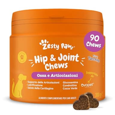 Zesty Paws Hip & Joint | articolazioni cane | glucosamina per cani | Integratori per Cani | Alimento Complementare per cani Adulti | Gusto Tacchino | 90 Pezzi